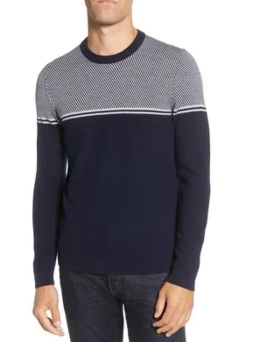 Ted Baker wool blend Navy and White Crewneck Sweater with Red Neck Trim